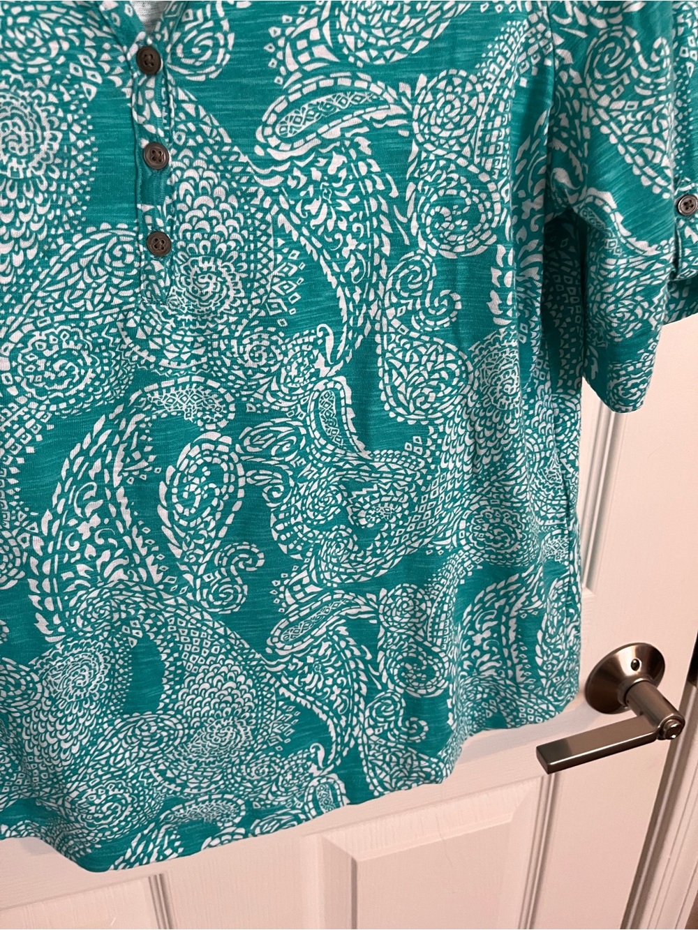 Chico's Teal White Paisley V Neck Cotton Modal Top Blouse Shirt Size 1 Medium - Picture 3 of 12